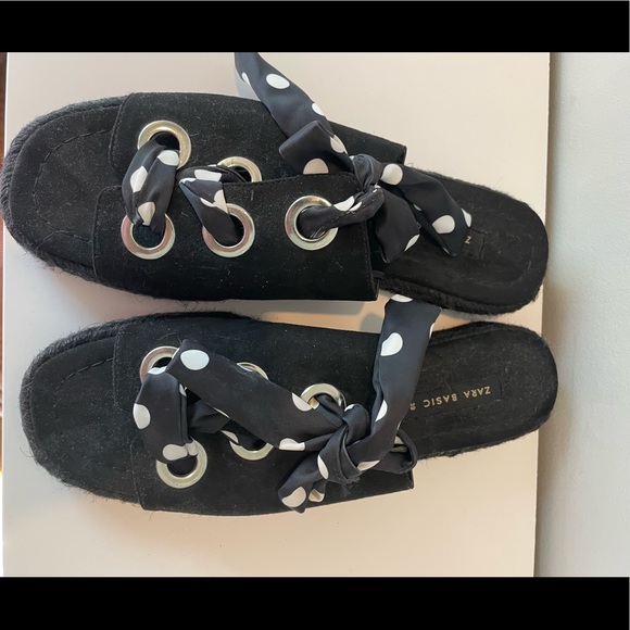 Zara Black Lace Up Espadrilles with Polka Dot Ribbon Size 39 - Picture 6 of 8